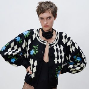 Zara Jacquard Knit Cardigan with Embroidery